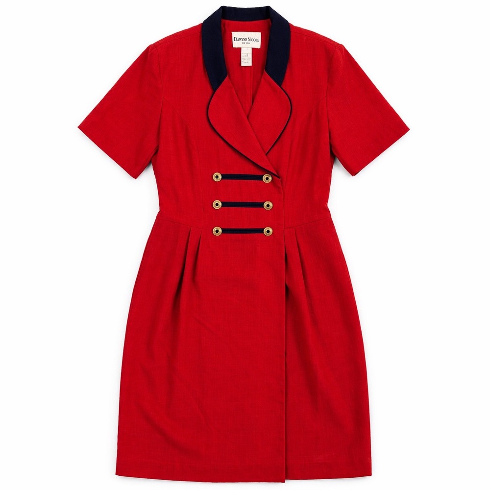 Vtg 90s Danny & Nicole Red Military Style Sheath Dress‎ Navy Collar Tuxedo Sz 12
